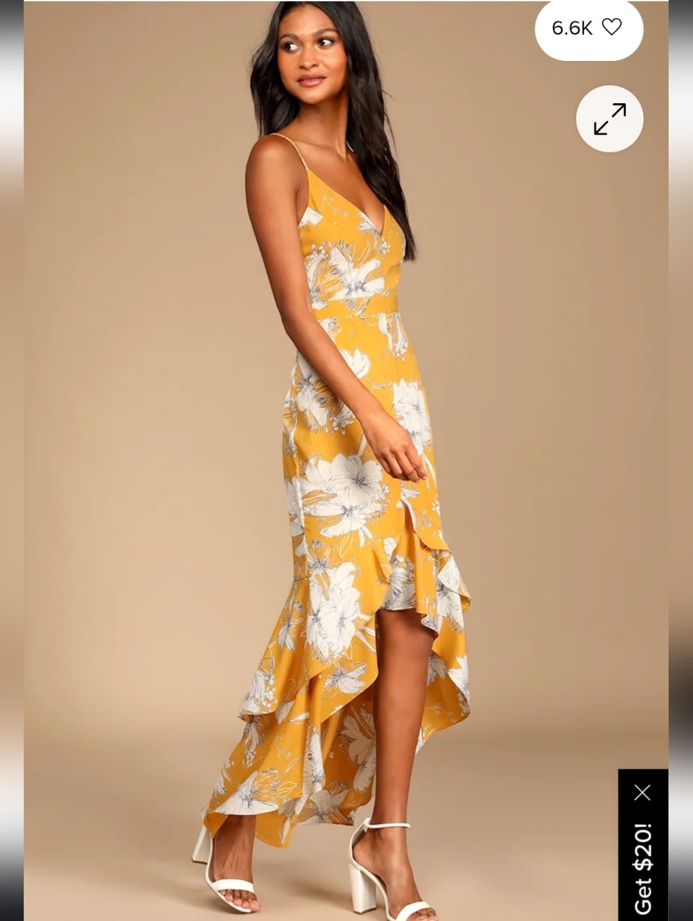 Lulus Darling Daylily Mustard Yellow Floral Print High-Low Maxi Dress Size Small